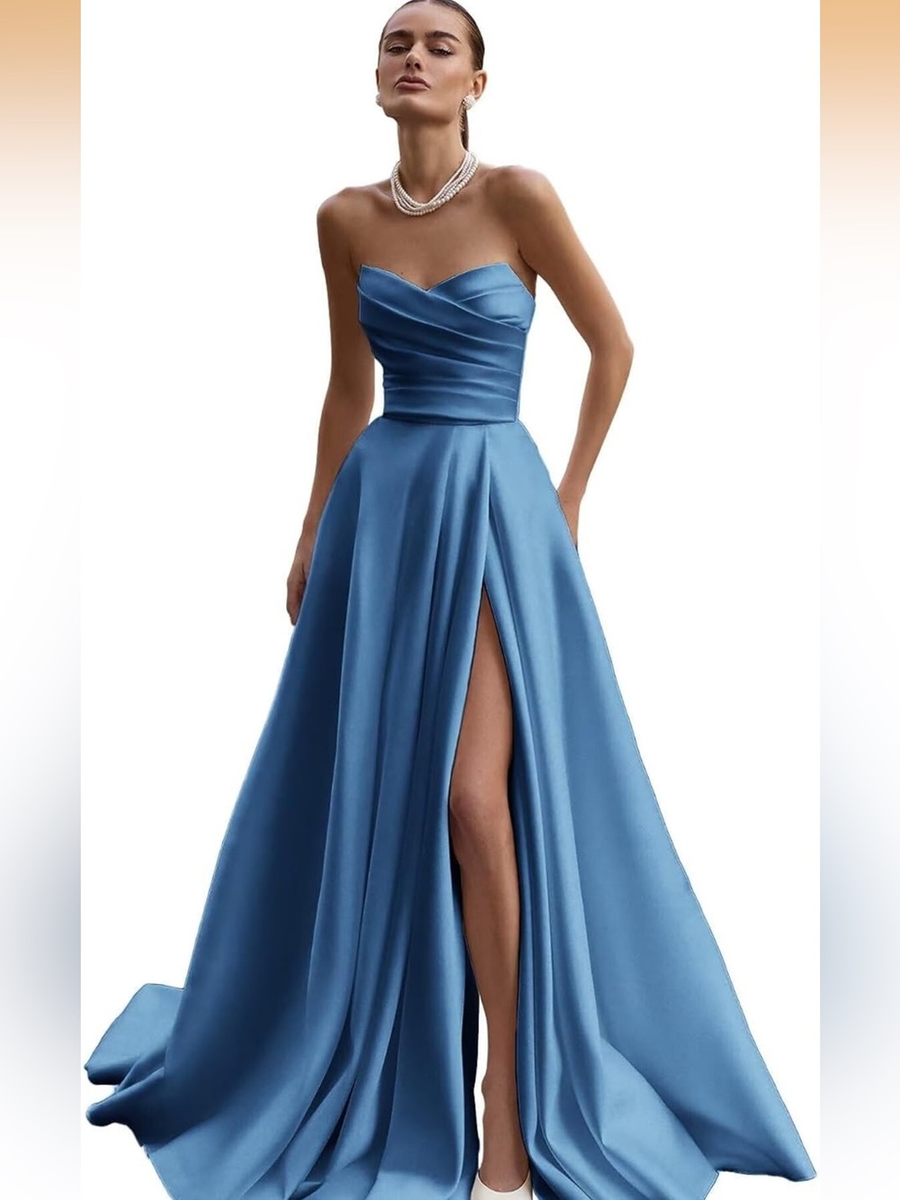 Beginning Boutique Sky Blue Strapless Satin Evening Gown with High Slit